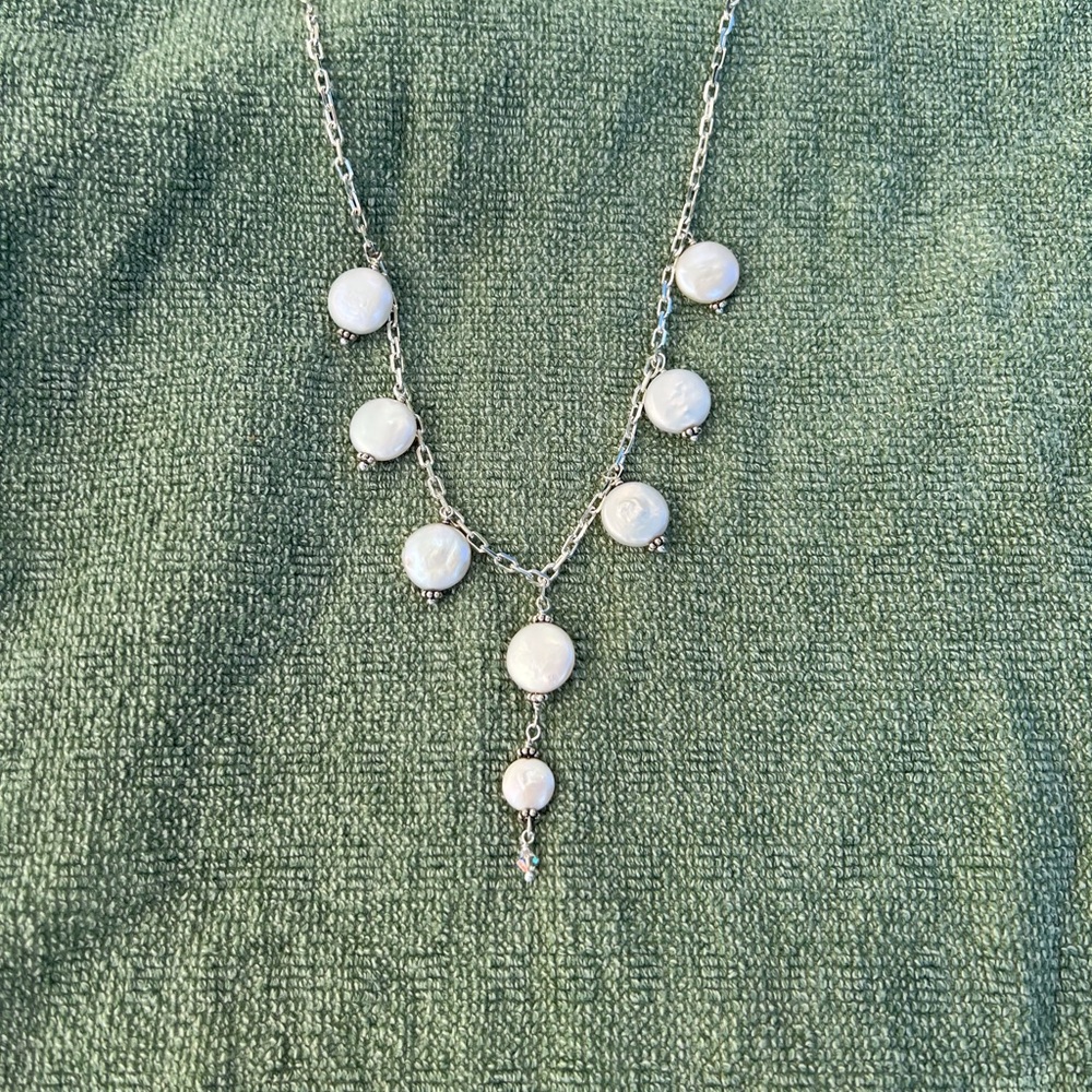 Freshwater Coin Pearl, Sterling and Swarovski Crystal Necklace